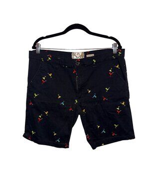 Raw Yarn Industries Black Stretch Twill Shorts With Colorful Martini Glass Patte